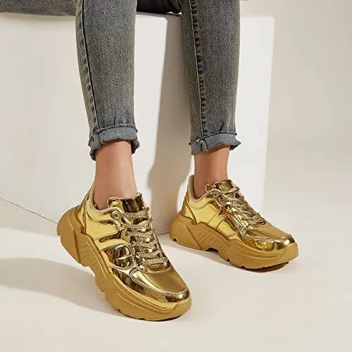 BELOS Women's Platform Chunky Sneakers Fashion Dad Sneakers Casual Lace Up Comfortable Lightweigt Walking Shoes(Gold,10 B(M) US)