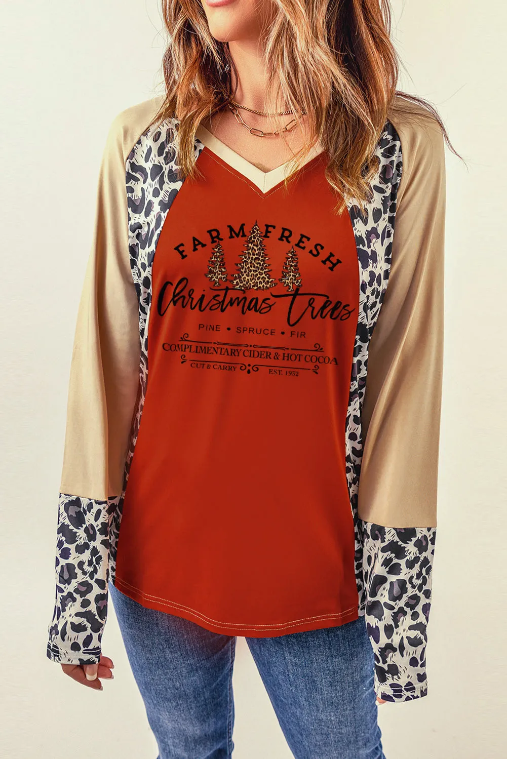 Christmas Trees Sweatshirt Leopard Long Sleeve Pulllover Tops