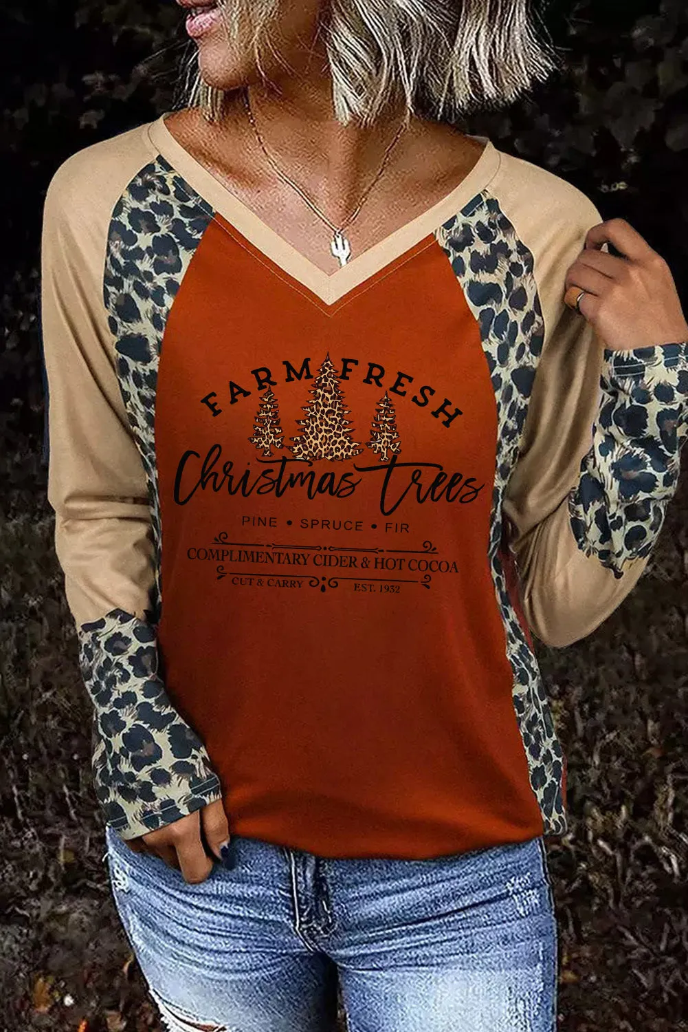 Christmas Trees Sweatshirt Leopard Long Sleeve Pulllover Tops