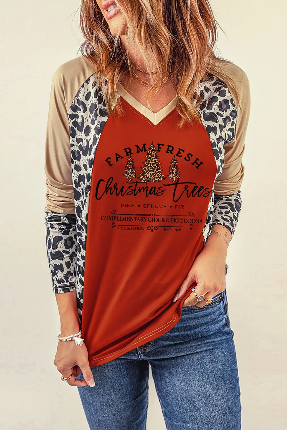 Christmas Trees Sweatshirt Leopard Long Sleeve Pulllover Tops