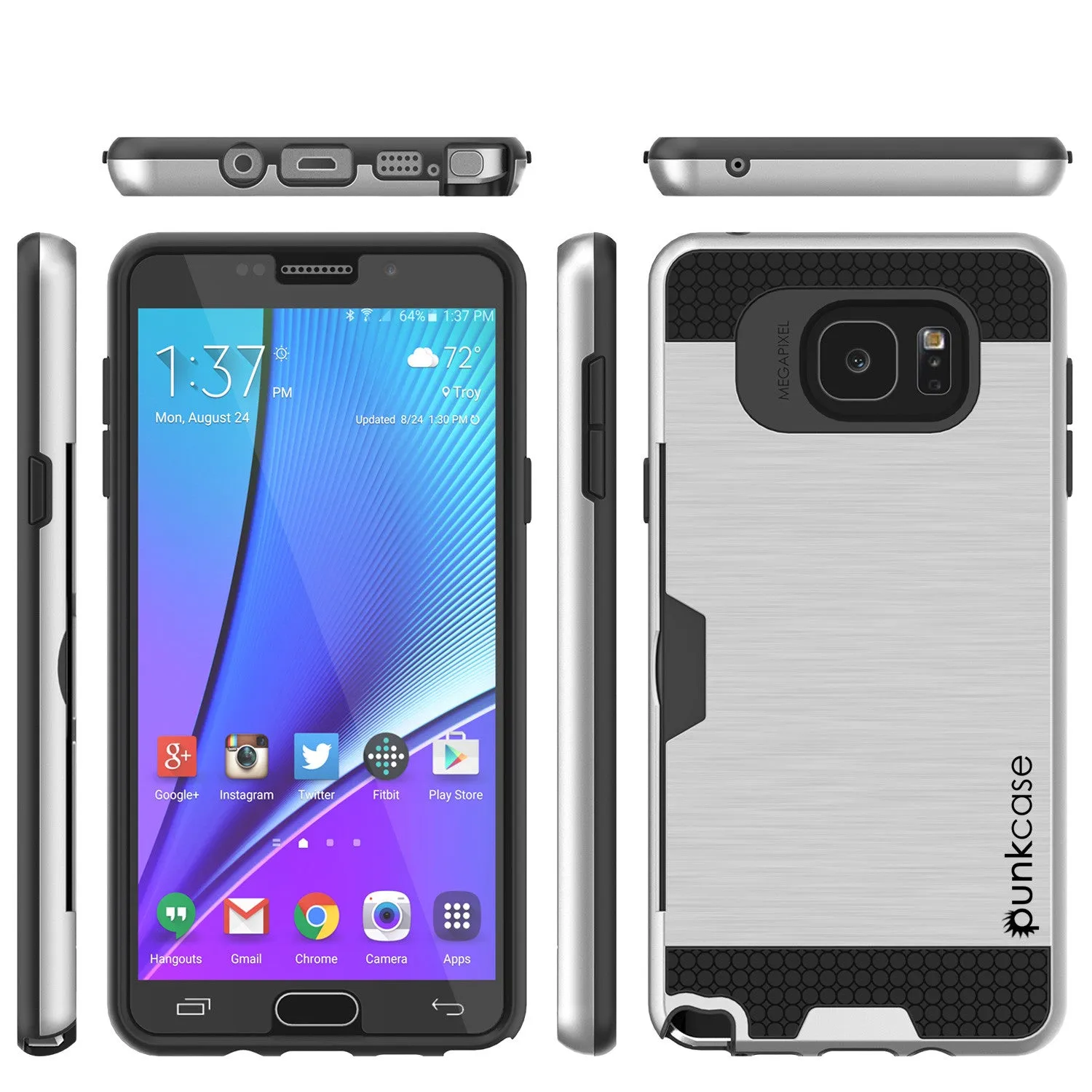 Galaxy Note 5 Case PunkCase SLOT Silver Series Slim Armor Soft Cover Case w/ Tempered Glass