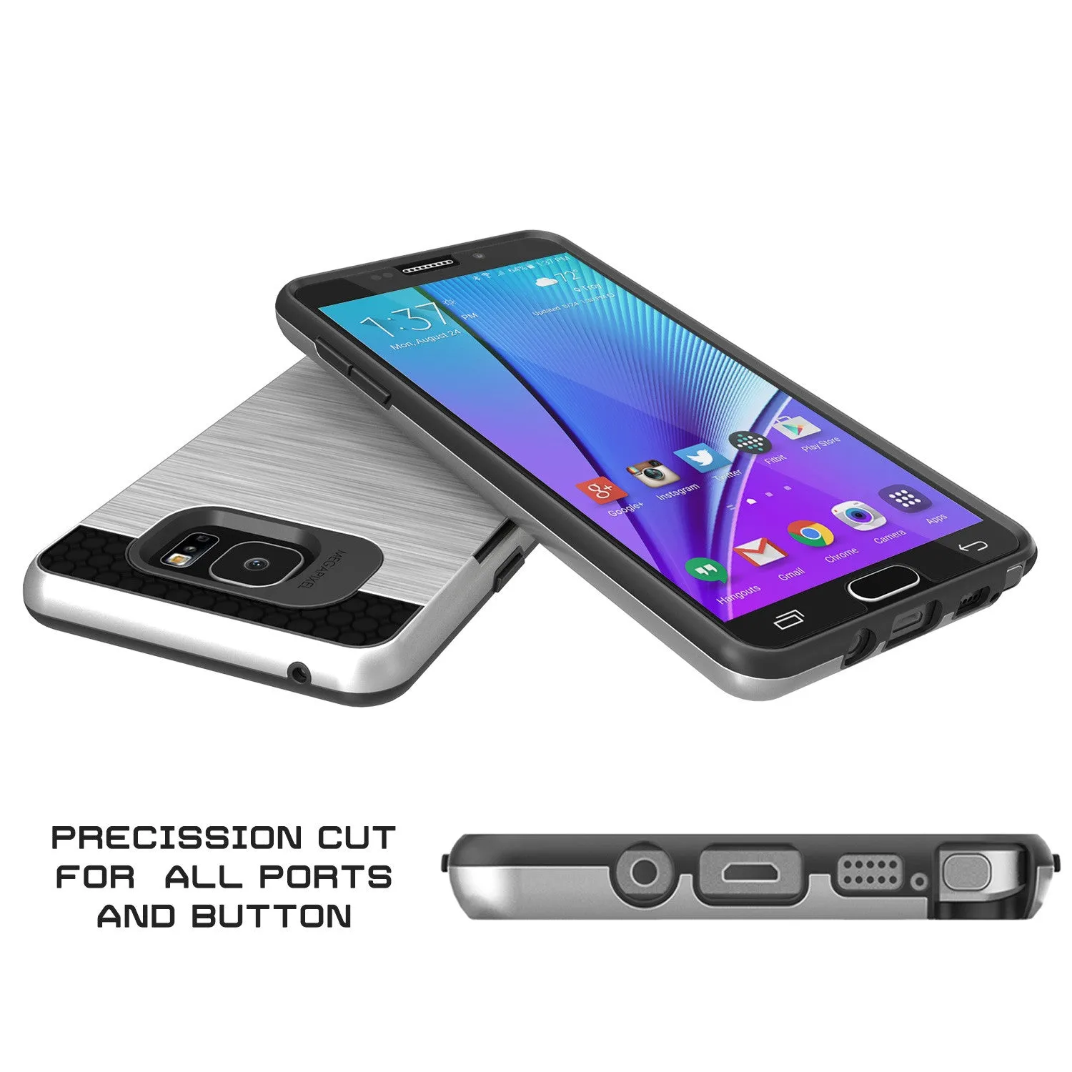 Galaxy Note 5 Case PunkCase SLOT Silver Series Slim Armor Soft Cover Case w/ Tempered Glass