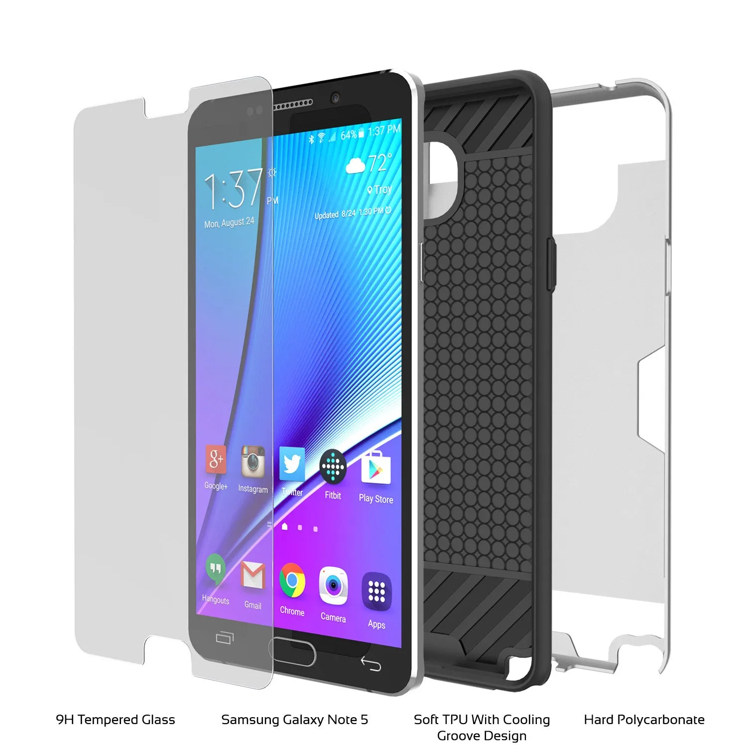 Galaxy Note 5 Case PunkCase SLOT Silver Series Slim Armor Soft Cover Case w/ Tempered Glass