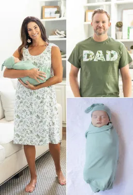 Morgan Labor Gown & Sage Swaddle Set & Dad T-Shirt