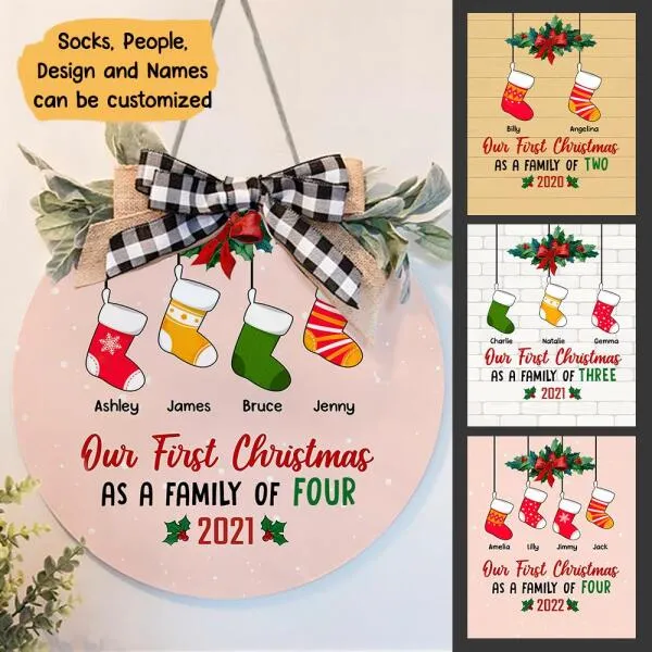 Our Family First Christmas Personalized Doorplate - Socks, Number Of People and Names can be customized