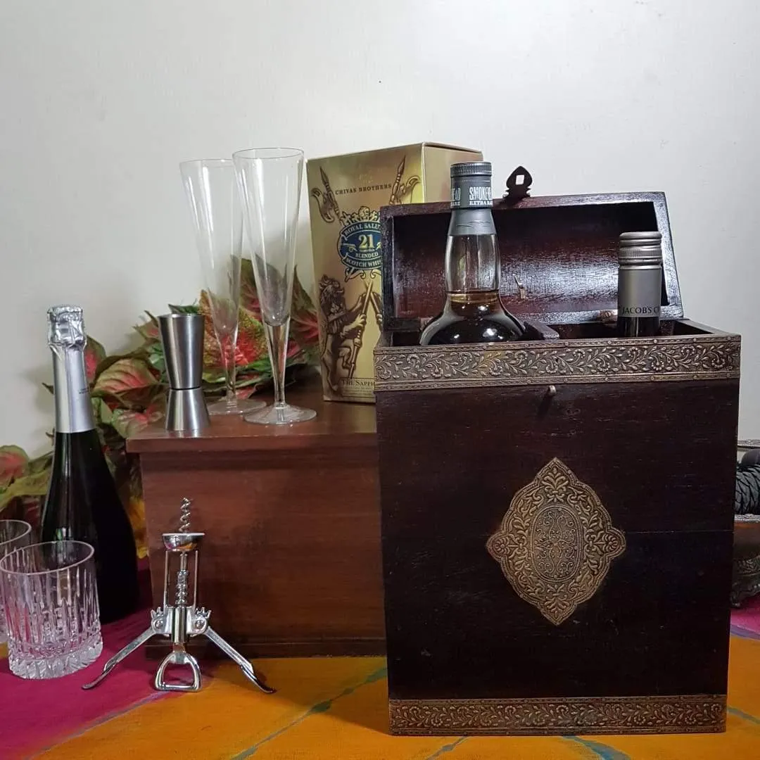 Vintage 2 Bottle Treasure Chest - Dark Brown Metallic Art