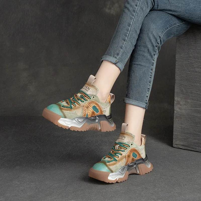 Women Patchwork Leather Retro Platform Dad Sneakers