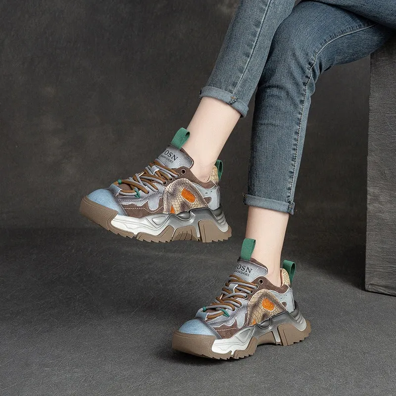 Women Patchwork Leather Retro Platform Dad Sneakers